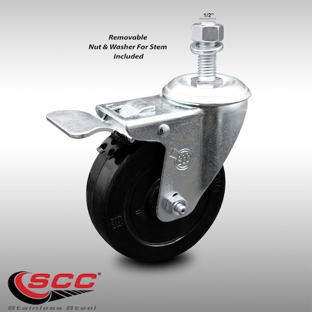 Service Caster 4 Inch SS Soft Rubber 1/2 Inch Threaded Stem Caster with Total Lock Brake SCC SCC-SSTSTTL20S414-SRS-121315
